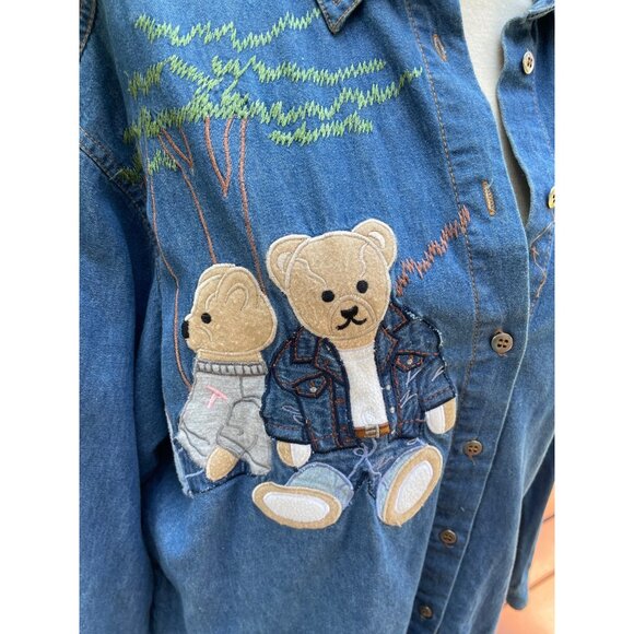 Vintage Together Denim Shirt With Teddy Bear Embroidery & Pocket Teachercore - Picture 2 of 9